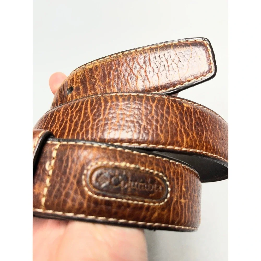 Columbia Mens Leather Belt 34 Tan Brown Textured Contrast Stitch rugged 11CO0289